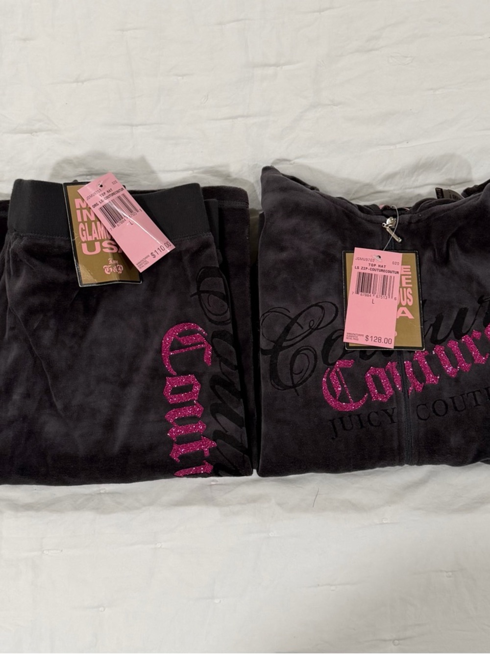 Juicy Couture Black Velour Zip Hoodie & Pants with Pink Glitter Logo